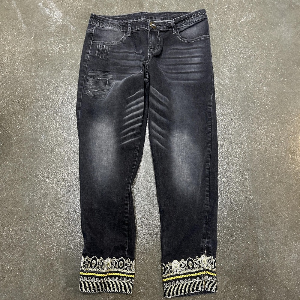 Desigual Jeans Womens‎ 4 Black Ankle Mid Rise Embroidered Hem Distressed Denim